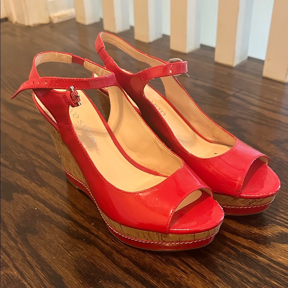 Franco Sarto Red Peep-Toe Wedges platform shiny patent leather sz 8.5 8 1/2